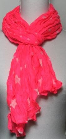 SUPER PRIS!! Smalt krøllet pink tørklæde, med hvide stjerner. Mål: 48 x  180 cm.