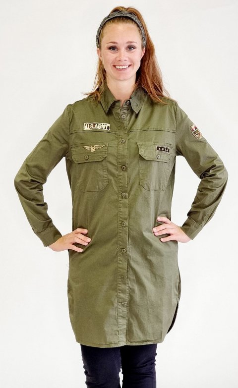 Army grøn, lang skjorte/ kjole, i kraftig elastisk bomuld, med 