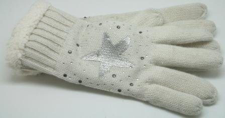 Rå hvide strik handsker, med blød foer, med stjerne og sten foran.