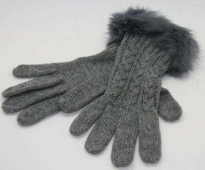 Strik handsker i grå med kanin pels. One size. (lidt små)
