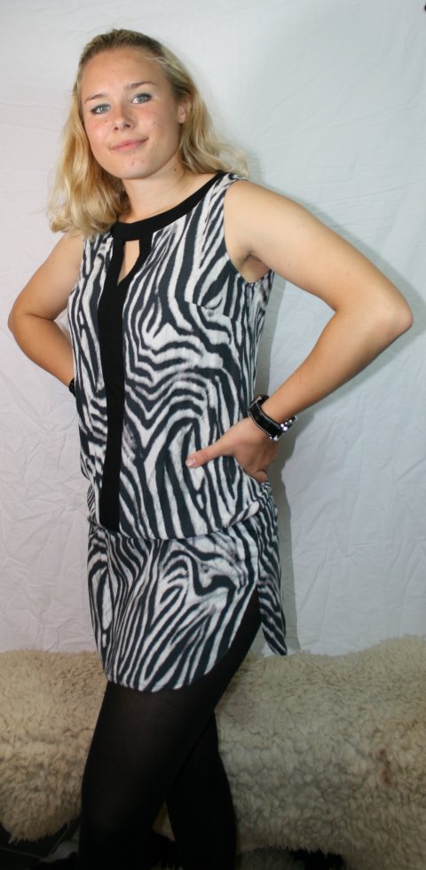 SUPER PRIS!! Kort zebra stribet kjole, med elastik i talje/hoften. Str. S